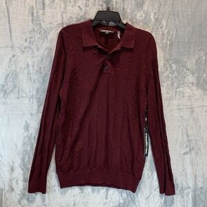 Karl Lagerfeld Men's Sweater Polo Collar KL Logo Knit Burgundy Red Long Sleeve M